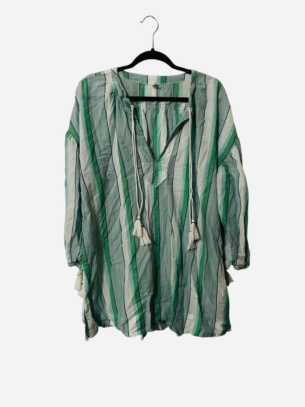 Intimately Free People Green White Stripe Cotton Tassel Tie Tunic Top Large